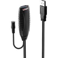 Black Lindy 10m USB 3.0 active extension cable with USB-A connector and integrated signal booster.
