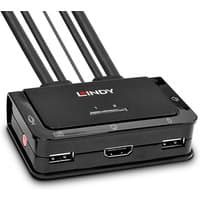 Black Lindy KVM switch with two HDMI ports, USB 2.0, and audio connections, featuring a sleek rectangular design.