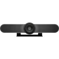 Black Logitech MeetUp conference camera with wide lens and integrated speaker bar.