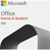 Microsoft Office Home & Student 2021 box with gray abstract design and colorful Microsoft logo.
