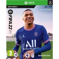 Xbox Series X FIFA 2022 game cover featuring a soccer player in a blue jersey, green Xbox branding, and EA Sports logo.