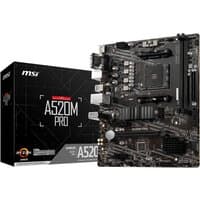 MSI A520M PRO motherboard, micro ATX, black PCB, silver heatsinks, with box displaying product name and features.