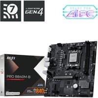 MSI PRO B840M-B micro ATX motherboard, black with silver accents, AM5 socket, PCIe Gen4 support, boxed packaging.