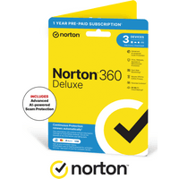 Norton 360 Deluxe yellow and blue package for 3 devices, 12-month subscription with VPN, includes advanced scam protection.