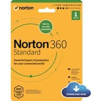 Norton 360 Standard 2022 antivirus software package with yellow background, green and black text, download icon.