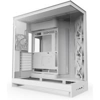 White NZXT H9 Flow Midi Tower with tempered glass panels, open interior, and rear cooling fan.