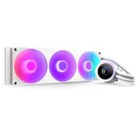 White NZXT Kraken Plus 360 RGB liquid cooler with three colorful LED fans and circular pump display.