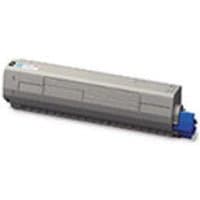 Gray OKI toner cartridge with magenta label, rectangular shape, blue cap on one end.