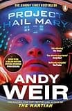 "Project Hail Mary" book cover, blue and black with astronaut, by Andy Weir, Penguin logo, Ryan Gosling movie mention.
