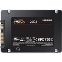 Black Samsung 870 EVO 250GB 2.5" SSD with V-NAND MLC, gold SATA connector, and white labeling.