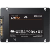 Black Samsung 870 EVO 4TB SSD with V-NAND MLC, rectangular shape, visible SATA connectors on the left.