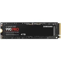 Samsung 990 PRO 4TB M.2 NVMe SSD, black with red and white text, gold connector edge.