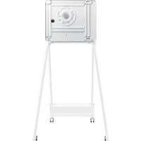 White Samsung stand for 55-inch Flip display, featuring a sturdy frame, wheeled base, and adjustable mounting bracket.
