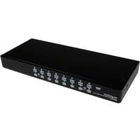 Black 1U rackmount USB KVM switch with 16 ports and OSD, featuring front panel buttons and StarTech.com logo.