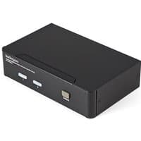 Black StarTech.com KVM switch with two USB ports, HDMI, audio jacks, and a USB 2.0 hub, featuring a sleek rectangular design.