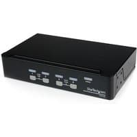 Black StarTech.com 4 Port VGA USB KVM Switch with front buttons and LED indicators, compact rectangular design.