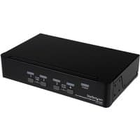 Black StarTech.com 4 Port USB DisplayPort KVM Switch with audio, featuring front panel buttons and LED indicators.