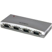 Gray StarTech.com 4 Port USB to RS232 Serial DB9 Adapter Hub with four DB9 ports and a red LED indicator.