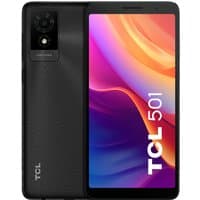 Black TCL 501 smartphone, 6-inch display, dual SIM, rear camera, textured back, Android 14, 4G, 2GB RAM, 32GB storage.