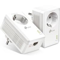 White TP-Link AV1000 powerline adapters with passthrough sockets, Ethernet ports, and LED indicators.