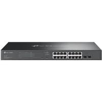 TP-Link Omada 18-Port Gigabit Smart Switch, black with 16 PoE+ ports and LED indicators on front panel.