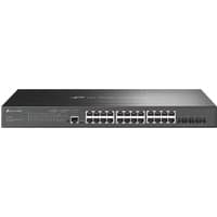 Black TP-Link Omada 28-Port Gigabit L2+ Managed Switch with 24 PoE+ ports, sleek metal design, front-facing ports.