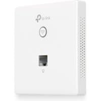 White TP-Link wall-plate access point with Ethernet port and Wi-Fi symbol on front.