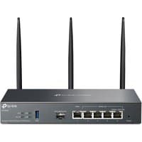 TP-Link Omada AX3000 Gigabit VPN Router, black with three antennas, five LAN ports, and LED indicators.