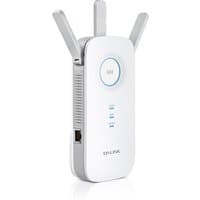 White TP-Link RE450 network extender with three antennas and LED indicators on the front.
