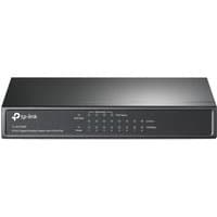 Black TP-Link TL-SG1008P network switch with 8 Ethernet ports and PoE support, compact rectangular design.