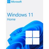Windows 11 Home OEM package with blue abstract swirl design and white Windows logo on a light gray background.