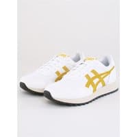 White Asics Tiger Runner II sneakers with hornet yellow stripes, black sole, and lace-up design, size 5.