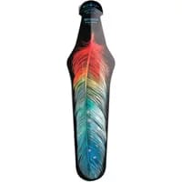 Black Ass Savers rear mudguard with colorful feather design in red, yellow, and blue gradient.