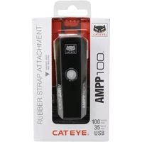 Black Cateye Ampp 100 front bike light with central button, USB charging, and rubber strap attachment in white packaging.