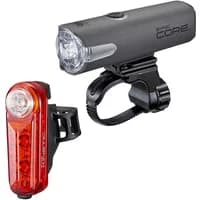 Black Cateye Sync Core front light and red Kinetic rear light set with mounting brackets.