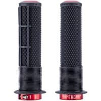 Black DMR DeathGrip 2 Race Flanged bike grips with textured surface and red end caps.
