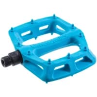 Blue DMR V6 plastic pedal with textured surface, nine grip pins, and black metal spindle.