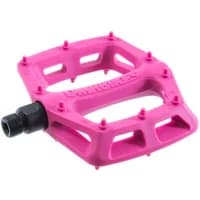 Pink DMR V6 plastic pedal with open design, black spindle, and raised grip pins.