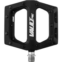Black DMR Vault Mag MTB pedal with wide platform, replaceable pins, and silver spindle.