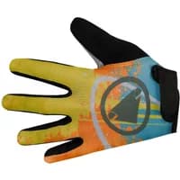 Yellow mustard Endura Hummvee youth gloves with black palm, colorful abstract design, and Velcro strap closure.