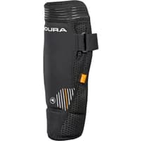 Black Endura MT500 D3O shin guard with mesh panels, adjustable strap, and orange logo accent.
