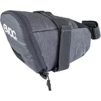 Carbon grey Evoc 1L saddlebag with zip closure, black straps, and subtle texture design.