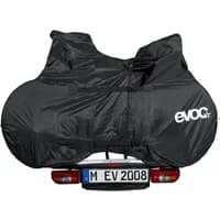 Black Evoc bike rack cover with logo, fitted over rear-mounted bikes, covering wheels and frame.