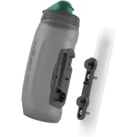Fidlock Twist Bottle 590ml, translucent black with green cap, includes magnetic bike base for easy attachment.