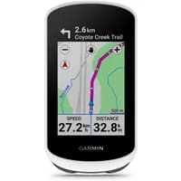 Black Garmin Edge Explore 2 GPS computer with touchscreen displaying a map, speed, and distance metrics.