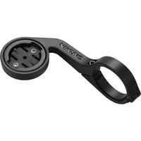 Black Garmin handlebar mount with circular GPS holder and adjustable clamp.