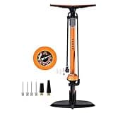 Black and orange GOBKO bike floor pump with gauge, dual valve for Presta and Schrader, includes multiple nozzles.