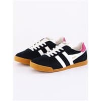 Black and off-white Gola women's trainers with fuchsia heel and gum sole, featuring white stripes and laces.