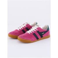 Gola Womens Elan Trainers, fuchsia with black and evergreen stripes, white laces, and gum sole, size 4.