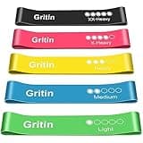 Set of 5 Gritin resistance bands in black, pink, yellow, blue, and green with varying strength levels and carrying case.